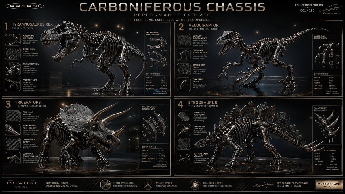 Forged carbon dinosaur skeleton roars in luxury automotive studio