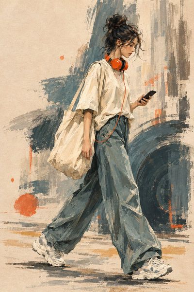 Stylish woman strides through city wearing vivid orange headphones
