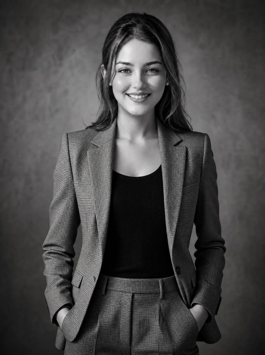 Confident woman in patterned blazer poses in black and white studio portrait