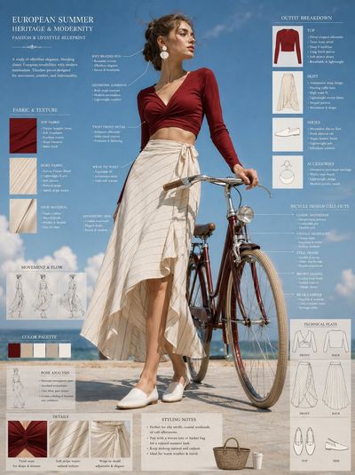Elegant model poses with vintage bicycle in detailed fashion blueprint