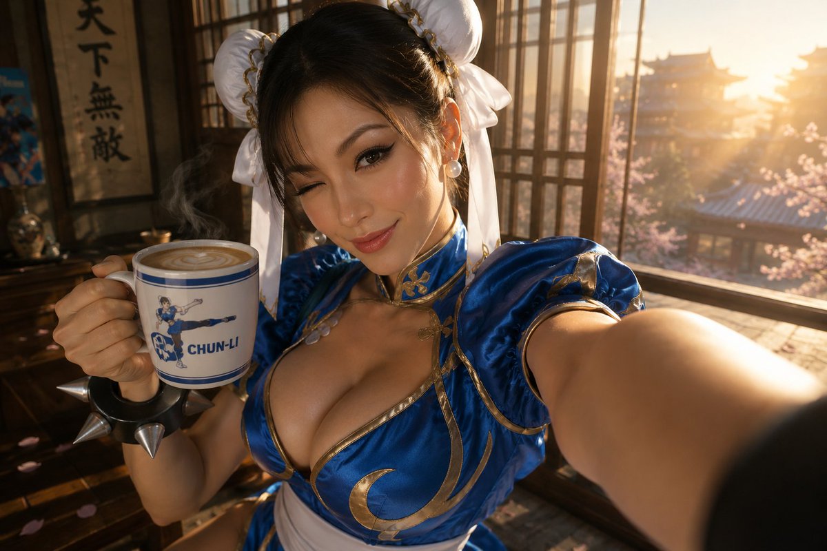 Chun-Li's Morning Coffee Selfie in Golden Sunrise Tea House