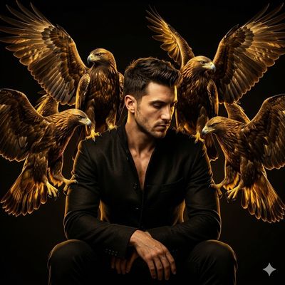 A powerful man in black jacket sits surrounded by golden eagles