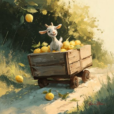 A tiny goat smiles in a lemon-filled wagon rolling downhill