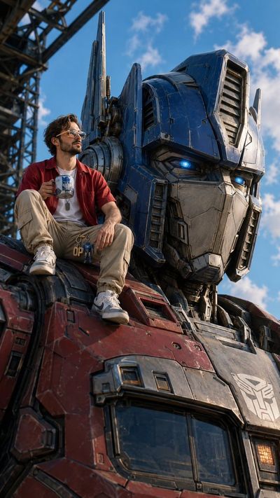 A man sits atop Optimus Prime's shoulder drinking coffee at sunset