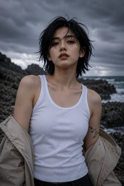 East Asian woman stands on volcanic coast amid storm clouds