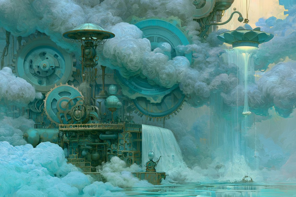 Ethereal steampunk dream engine floats through swirling pastel vapor clouds.