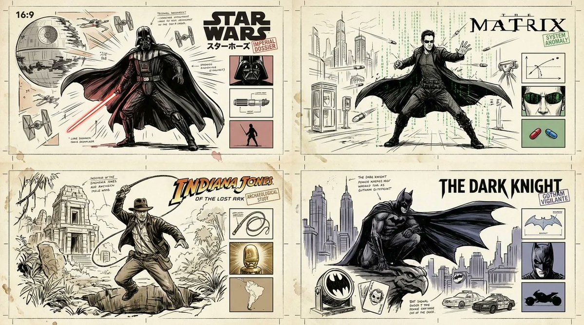 A manga-style action dossier frames a flying superhero in dynamic pose