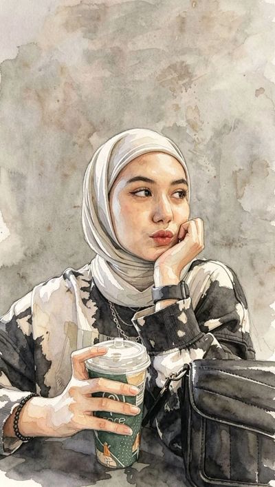 A woman with closed eyes painted in loose watercolor washes