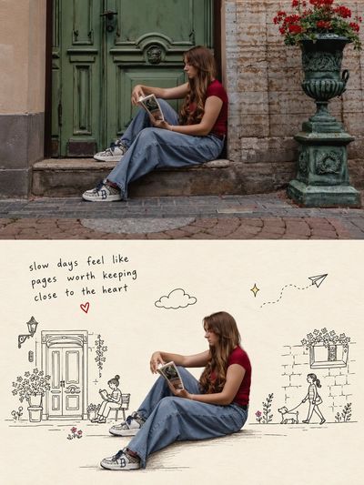 Photo Splits Into Cream Sketchbook With Hand-Drawn Doodle Scene