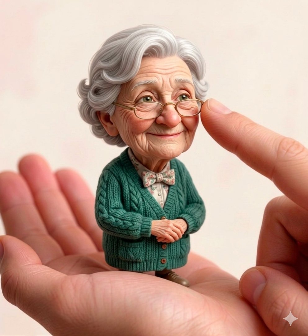 Miniature Elderly Couple Cradled in Giant Hand with Gentle Touch