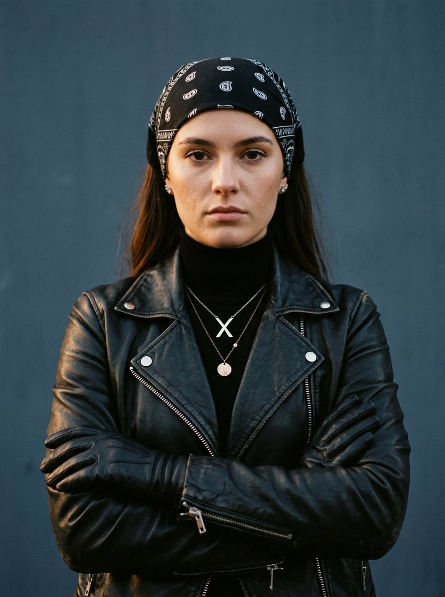 Confident Woman in Leather Jacket Crosses Arms Against Blue-Gray Backdrop
