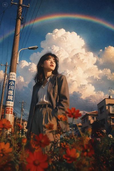 Young woman stands among wildflowers under a rainbow after summer rain