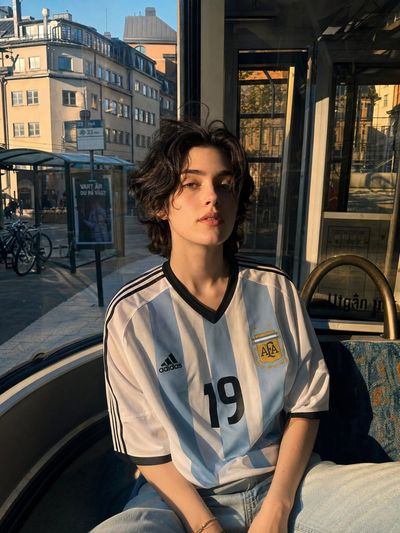 Young soccer fan in Argentina jersey waits at golden hour bus stop