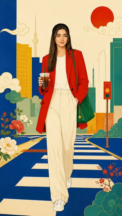 A woman in a red blazer walks across a Tokyo crosswalk
