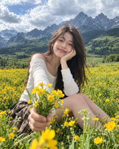 Joyful Woman in Yellow Wildflowers Holding Bouquet Toward Camera