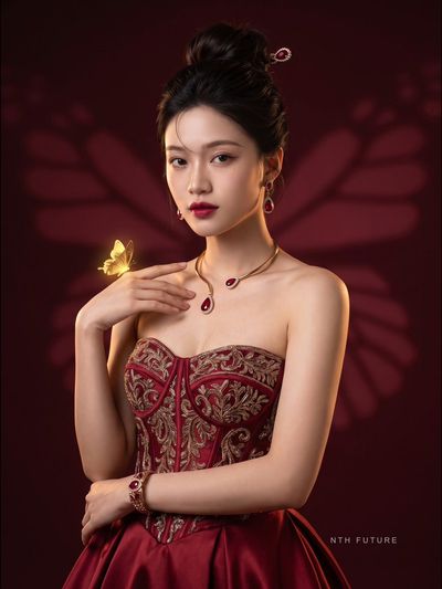 Golden butterfly rests on crimson ballgown in dark wine studio