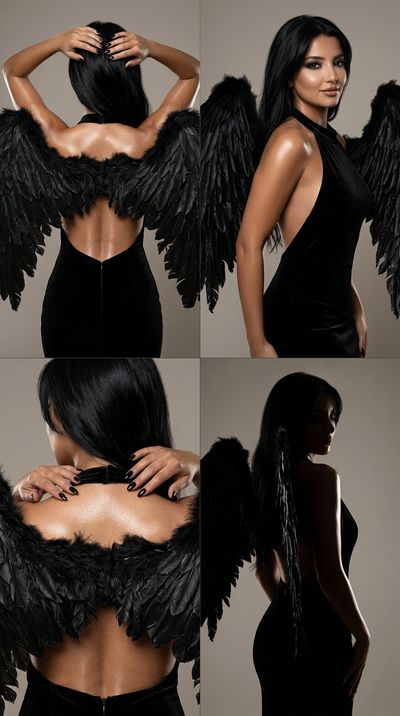 Woman in black dress poses with dramatic angel wings in studio light