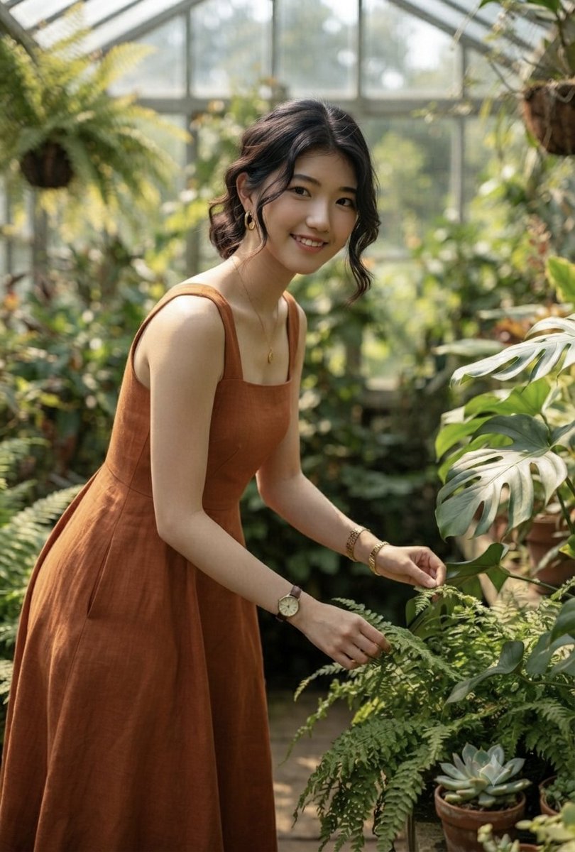 Young woman in a linen dress smiles gently inside a sunlit greenhouse.
