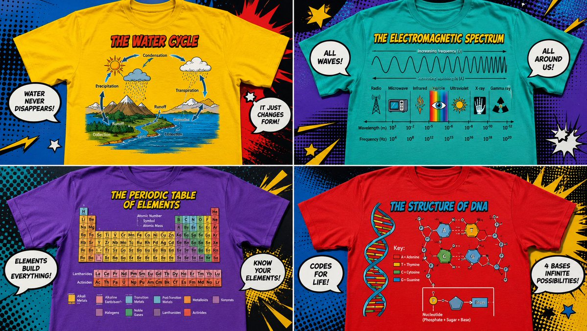 Pop-art shirt displays precise science data with comic flair