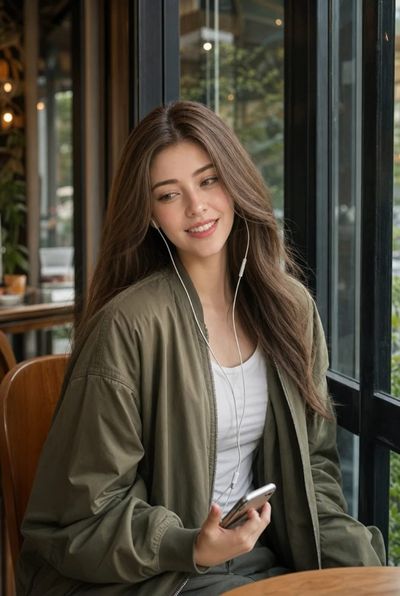 Asian woman smiles naturally while holding smartphone near sunny café window