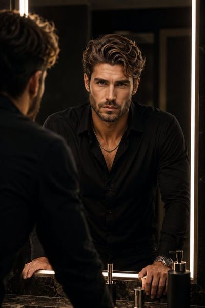 Confident man leans on marble counter in luxury bathroom