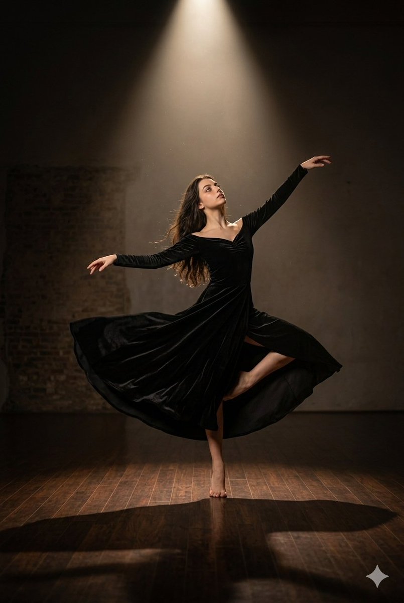A contemporary dancer balances under a dramatic spotlight in a moody studio.