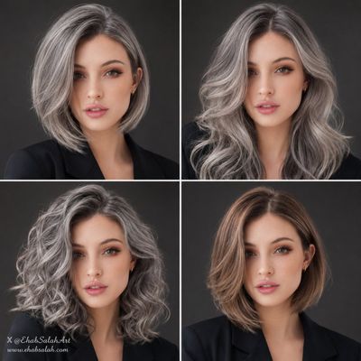 A model displays four luxury salon hairstyles in a grid