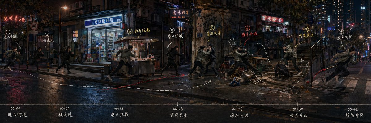 A continuous storyboard shows characters moving across a cityscape