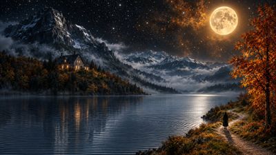 Lone Figure Gazes at Full Moon Over Rippled Lake and Stone House