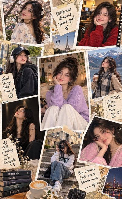 Scrapbook collage showcases a young woman's diverse dreams and stylish journeys