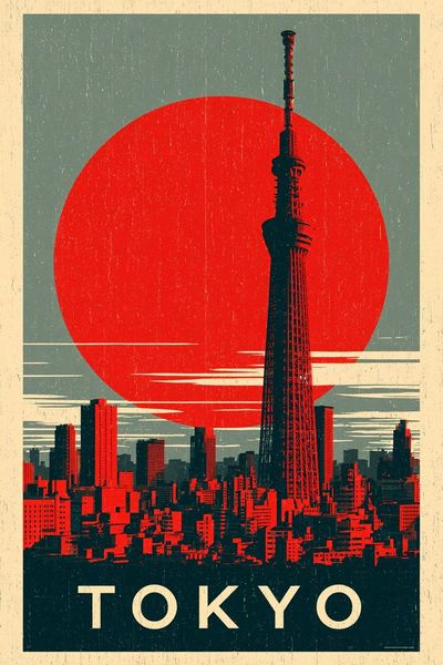 Tokyo's skyline glows with Skytree and a giant red sun