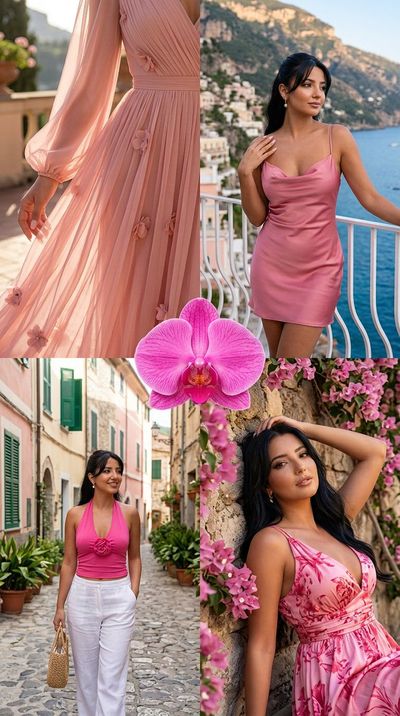 A pink orchid centerpiece unites four Amalfi Coast fashion portraits
