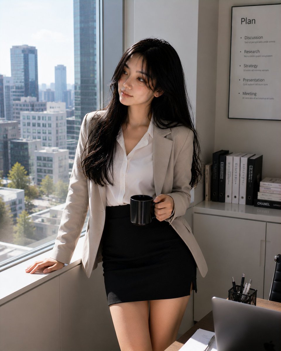 Korean office woman in beige blazer holds coffee by window