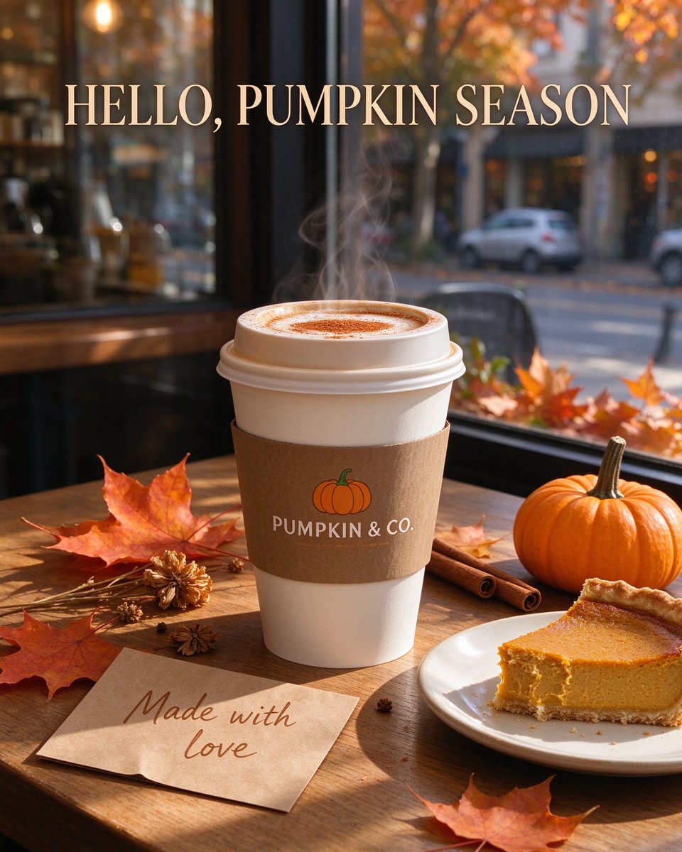 Pumpkin latte on autumn leaves with cinnamon and pie