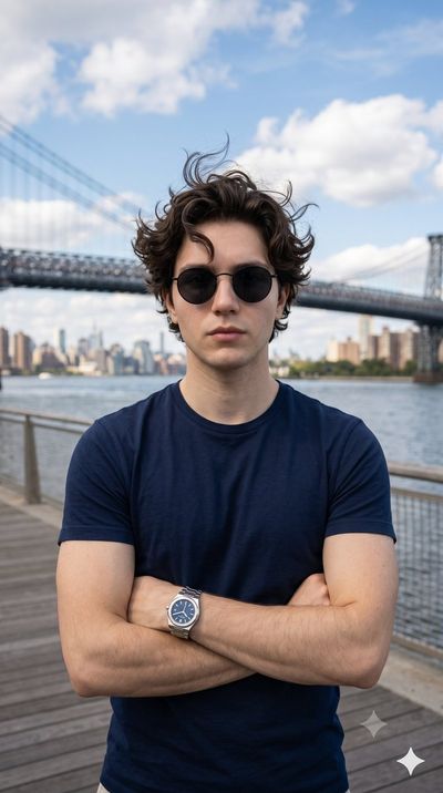 A confident young man stands on a sunny waterfront promenade