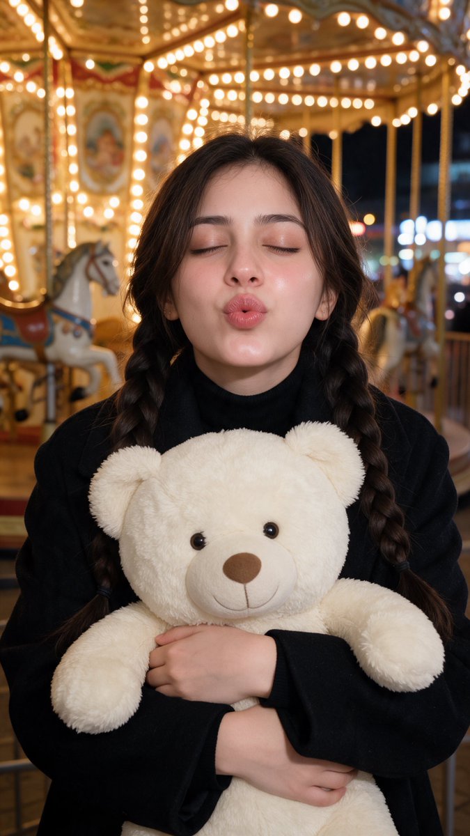 Young woman with braids blows kiss while holding teddy bear