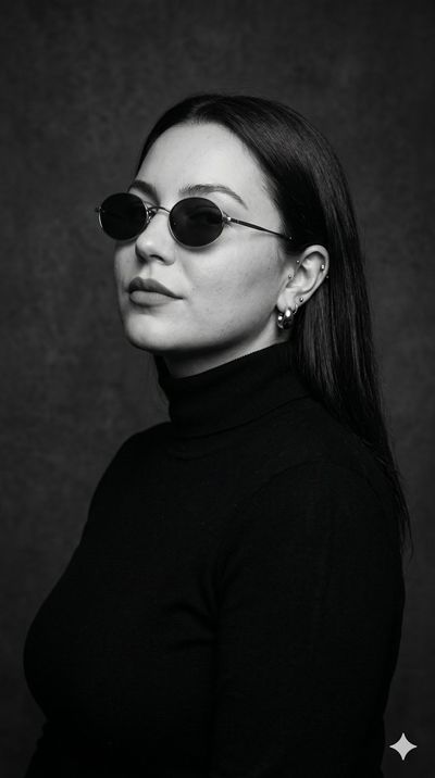 Elegant woman in black turtleneck poses with minimalist sunglasses