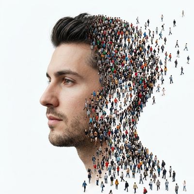 A man's face dissolves into a crowd of tiny people
