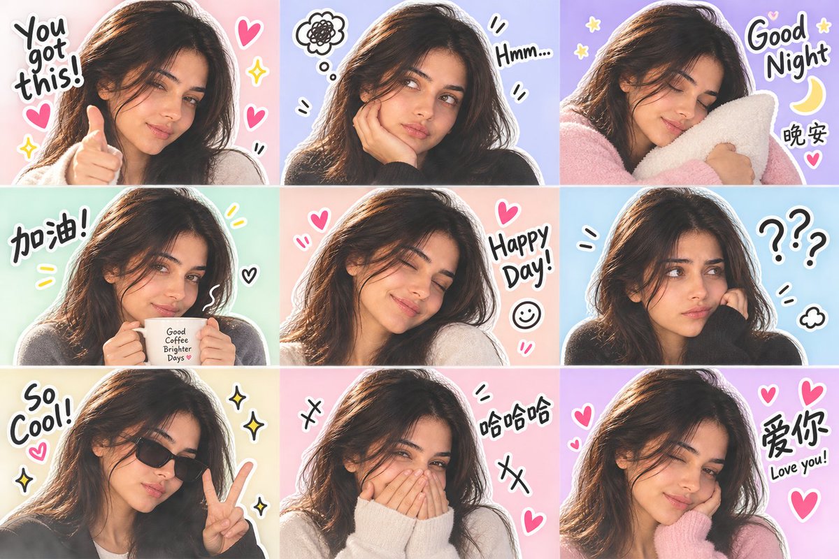 Nine expressive sticker portraits of same woman show playful emotions and poses