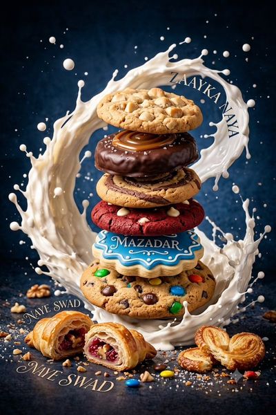 Vertical stack of cookies and pastries splashed with milk
