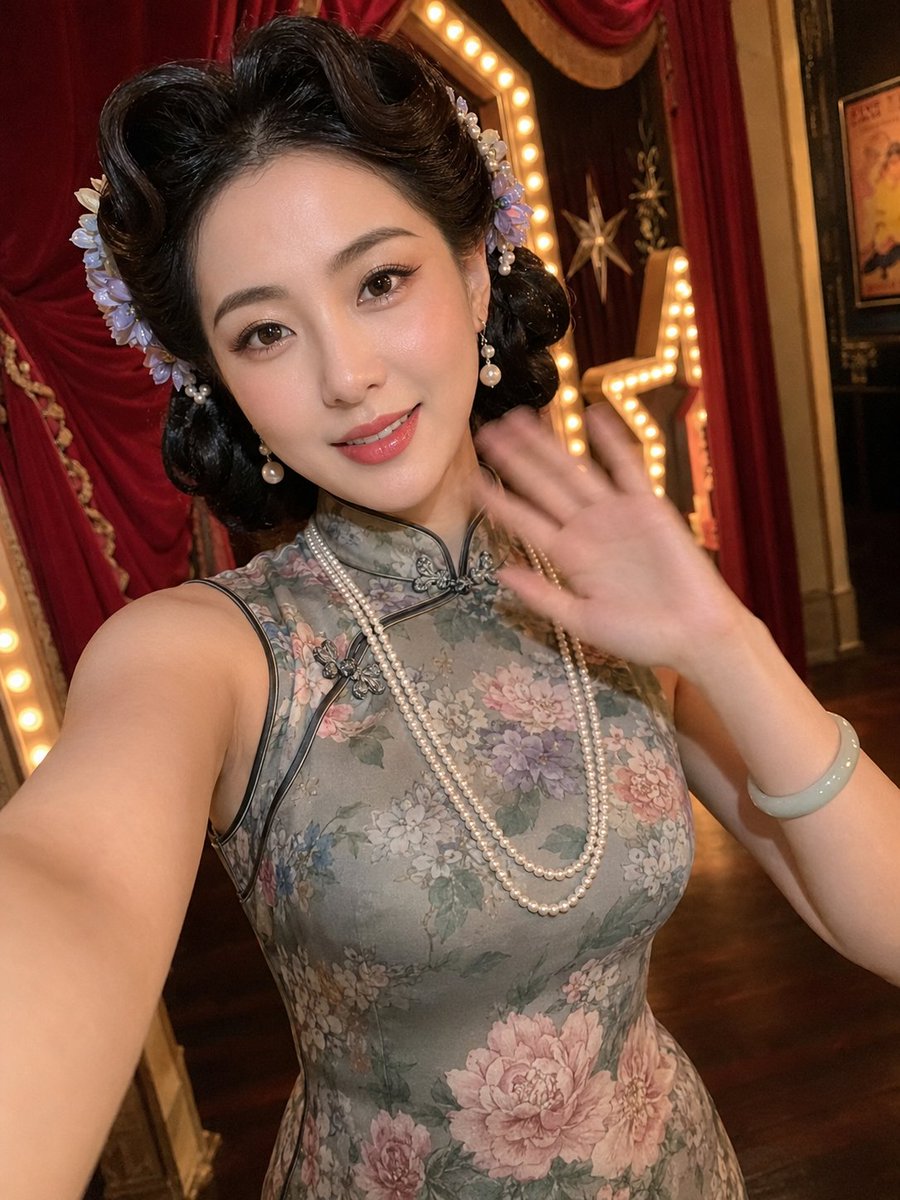 Elegant woman in retro qipao smiles softly beside theater entrance