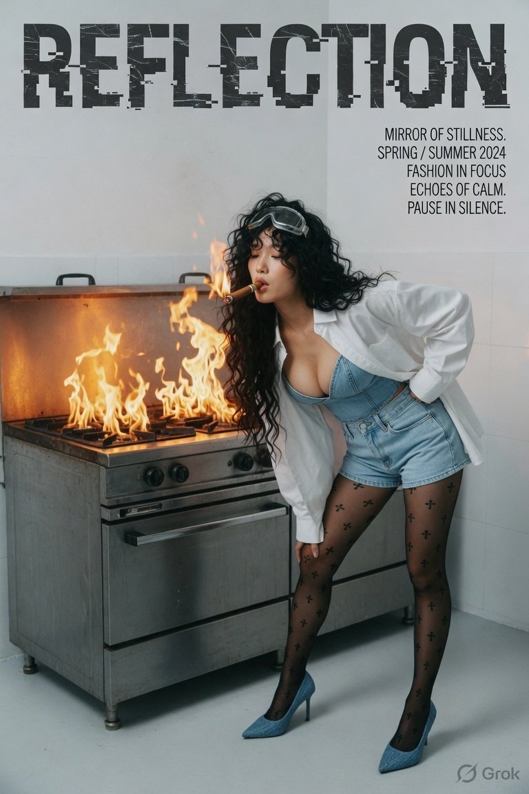 Asian model poses in minimalist laundromat with industrial washing machines