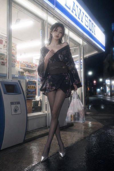 A melancholic fashion influencer poses outside a glowing convenience store.