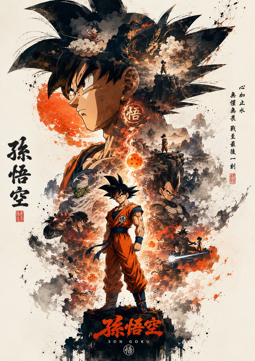 A hero's face towers above his full figure in layered clouds