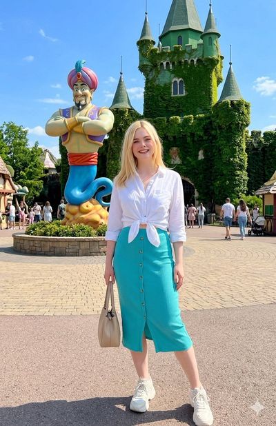 Woman in turquoise skirt poses before a vine-covered castle.