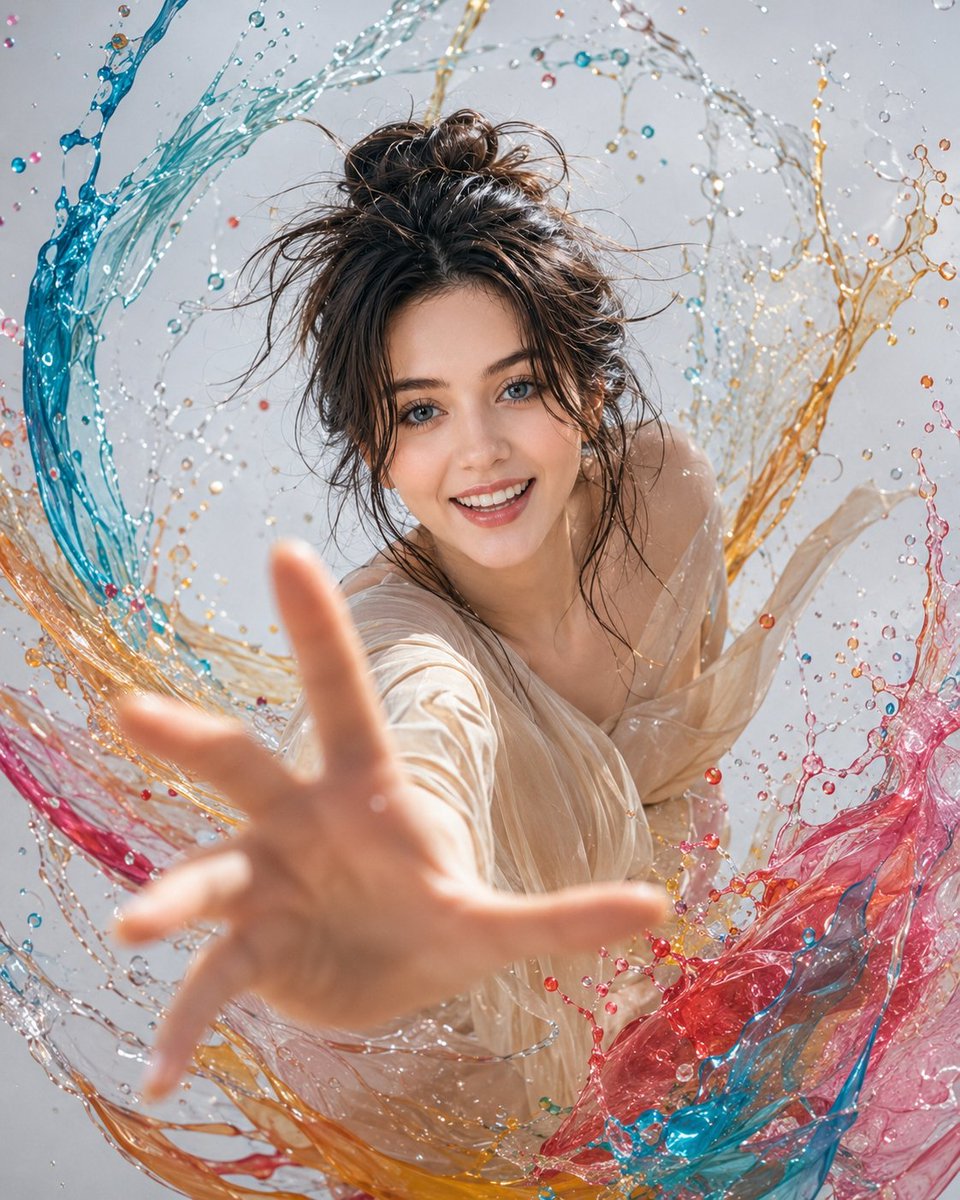 Young woman leans forward playfully amid swirling colorful liquid splashes