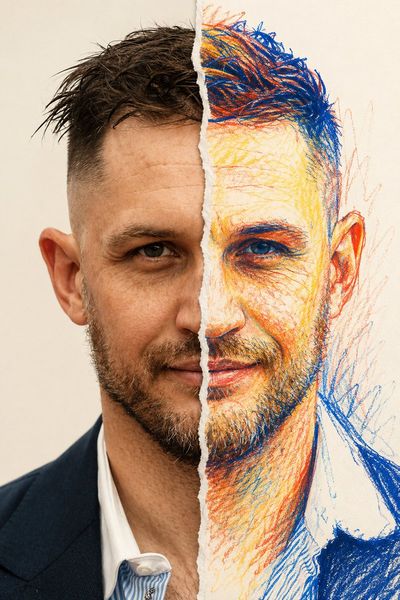 A split portrait merges photoreal skin with crayon strokes