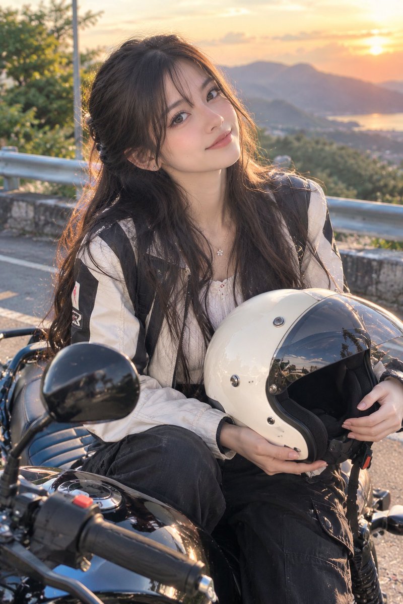Golden Hour Glow: Woman Poses on Motorcycle at Scenic Overlook