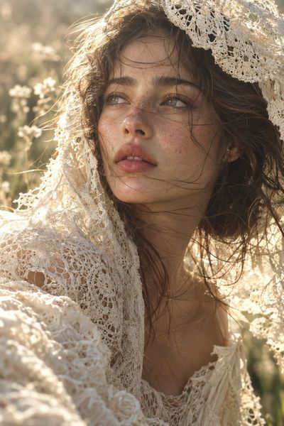 Lace-Clad Woman Bathed in Golden Hour Light, Dreamy Meadow Portrait