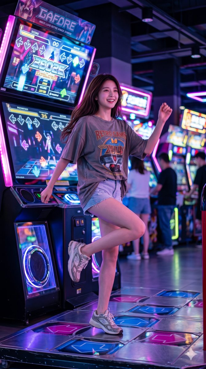 A young woman dances under neon lights in a vibrant arcade